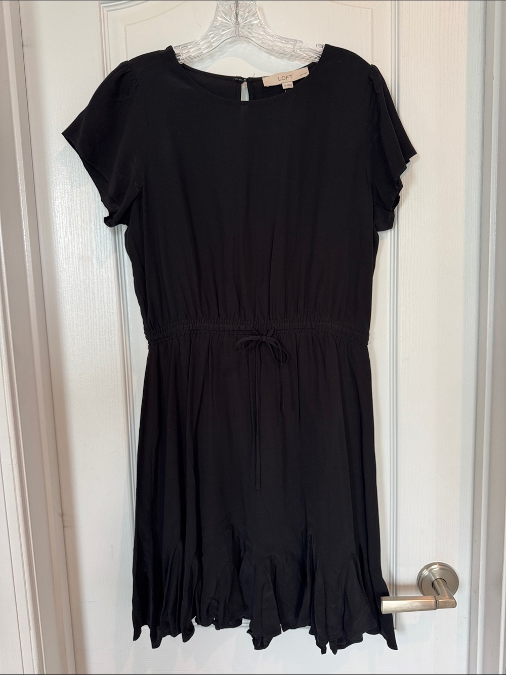 NWT - Size Medium Petite - LOFT Black Drawstring Waist Flutter Sleeve Dress